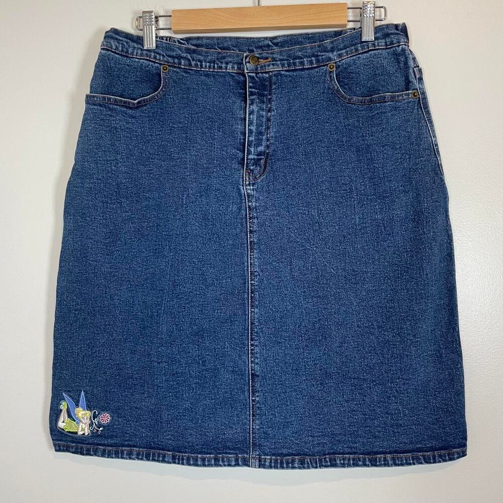 Y2K Tinker Bell Embroidered Disney Store fairy denim large knee length skirt